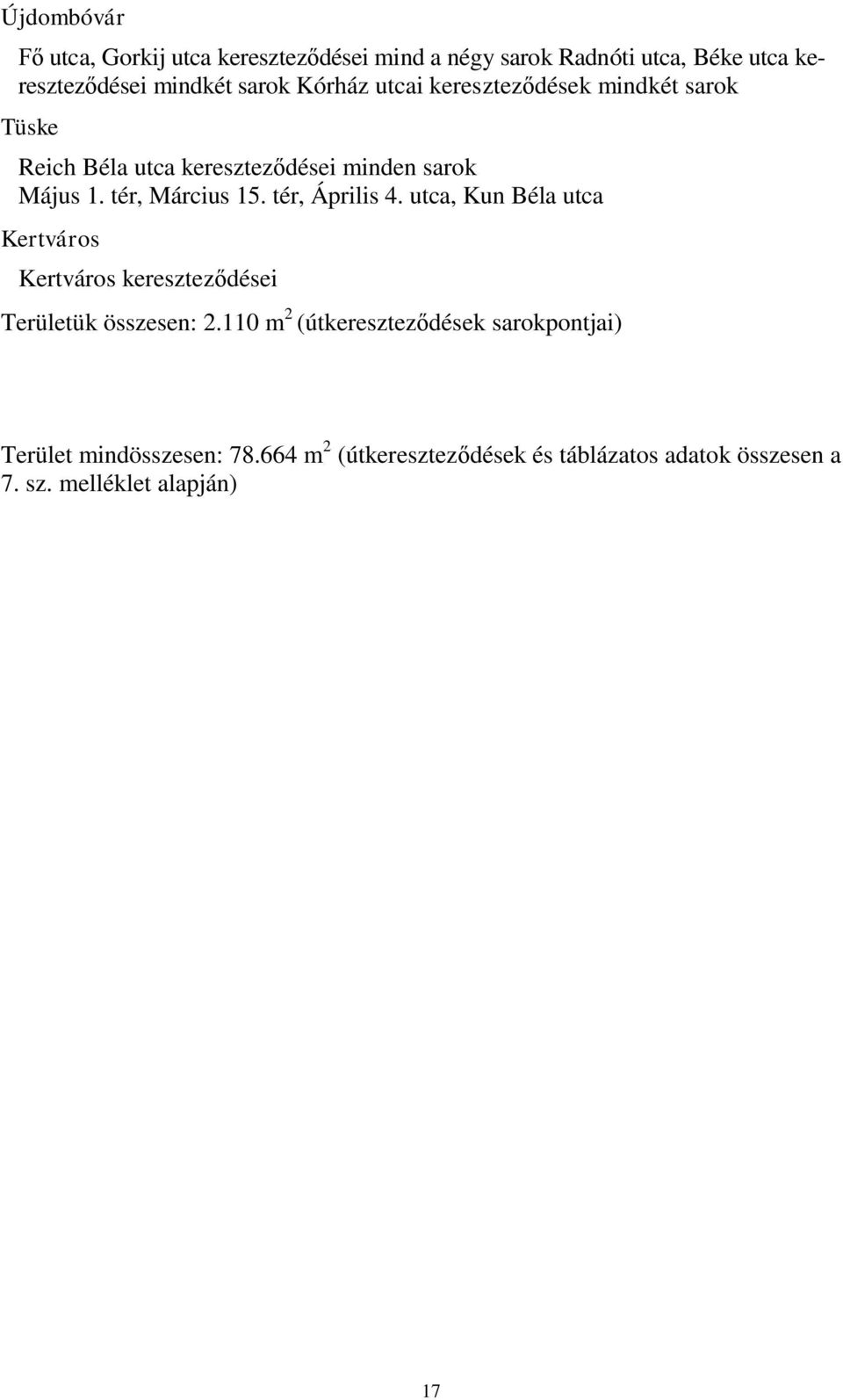tér, Április 4. utca, Kun Béla utca Kertváros Kertváros kereszteződései Területük összesen: 2.