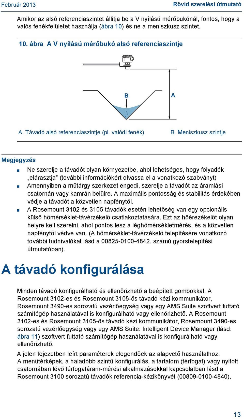 Meniszkusz szintje Megjegyzés Ne szerelje a távadót olyan környezetbe, ahol lehetséges, hogy folyadék elárasztja (további információkért olvassa el a vonatkozó szabványt) Amennyiben a műtárgy