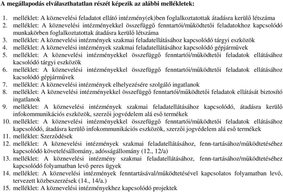 melléklet: A köznevelési intézmények szakmai feladatellátásához kapcsolódó tárgyi eszközök 4. melléklet: A köznevelési intézmények szakmai feladatellátásához kapcsolódó gépjármővek 5.