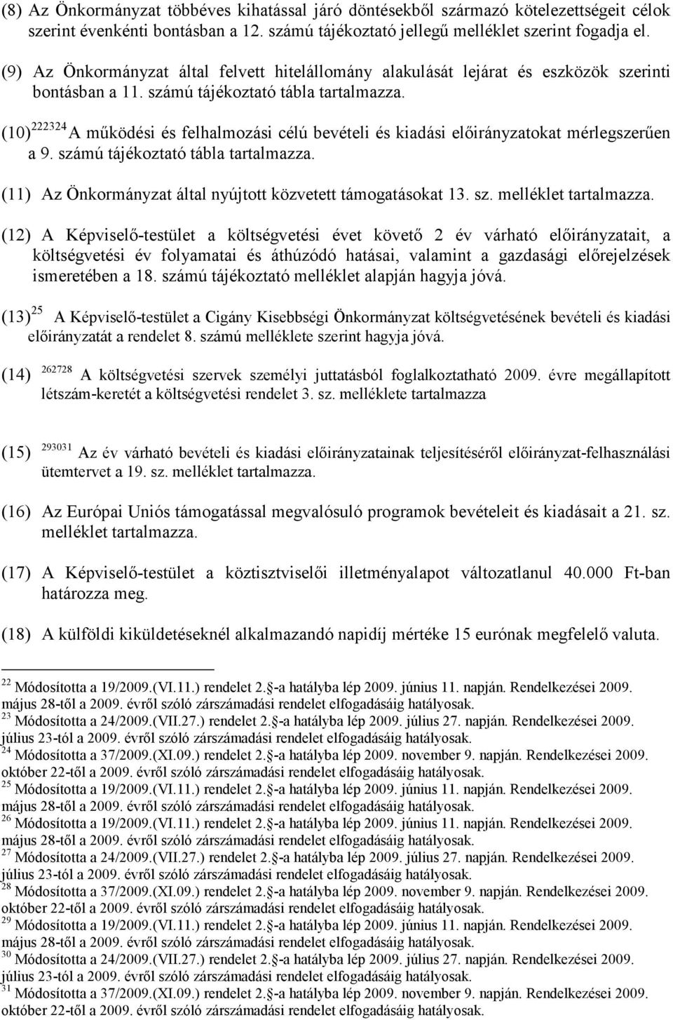 (10) 222324 A működési és felhalmozási célú bevételi és kiadási előirányzatokat mérlegszerűen a 9. számú tájékoztató tábla tartalmazza. (11) Az Önkormányzat által nyújtott közvetett támogatásokat 13.