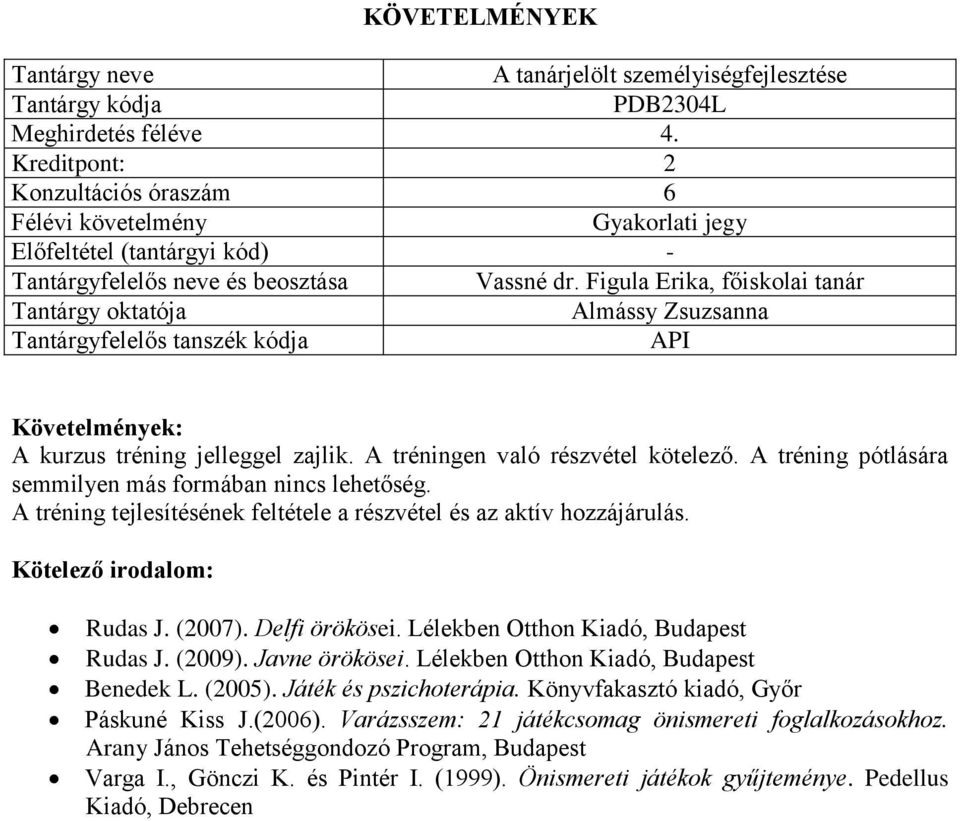 A tréning tejlesítésének feltétele a részvétel és az aktív hozzájárulás. Rudas J. (2007). Delfi örökösei. Lélekben Otthon Kiadó, Budapest Rudas J. (2009). Javne örökösei.