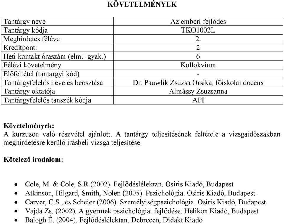 A tantárgy teljesítésének feltétele a vizsgaidőszakban meghirdetésre kerülő írásbeli vizsga teljesítése. Cole, M. & Cole, S.R (2002). Fejlődéslélektan.