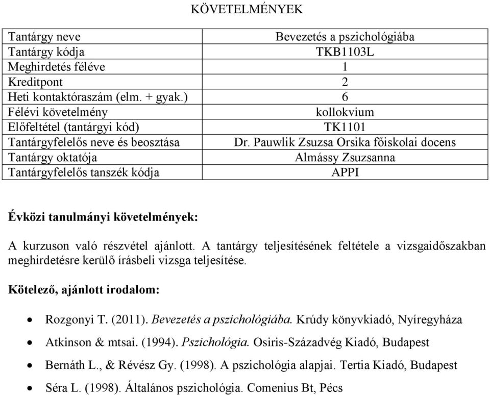 Pauwlik Zsuzsa Orsika főiskolai docens APPI Évközi tanulmányi követelmények: A kurzuson való részvétel ajánlott.