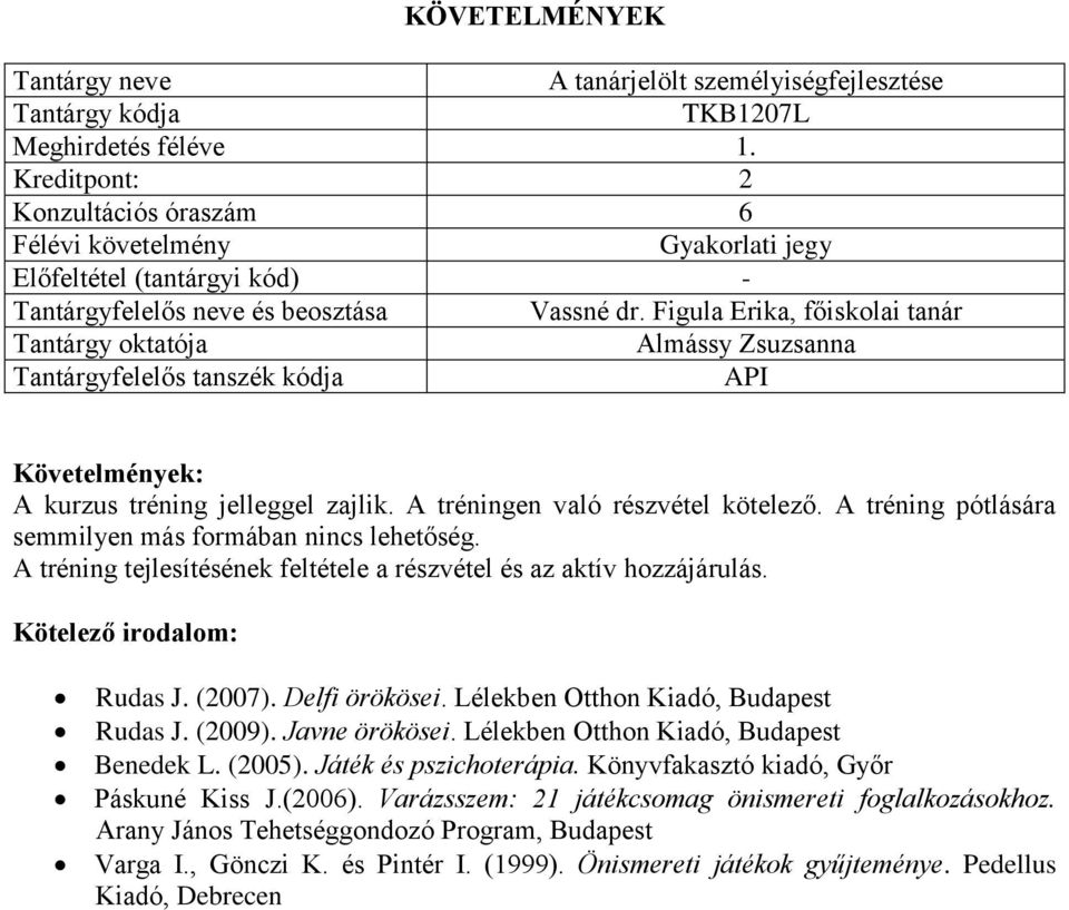 A tréning tejlesítésének feltétele a részvétel és az aktív hozzájárulás. Rudas J. (2007). Delfi örökösei. Lélekben Otthon Kiadó, Budapest Rudas J. (2009). Javne örökösei.
