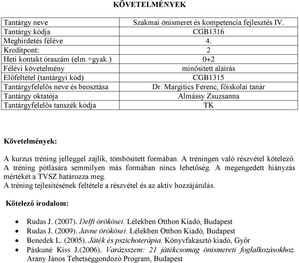 A tréningen való részvétel kötelező. A tréning pótlására semmilyen más formában nincs lehetőség. A megengedett hiányzás mértékét a TVSZ határozza meg.