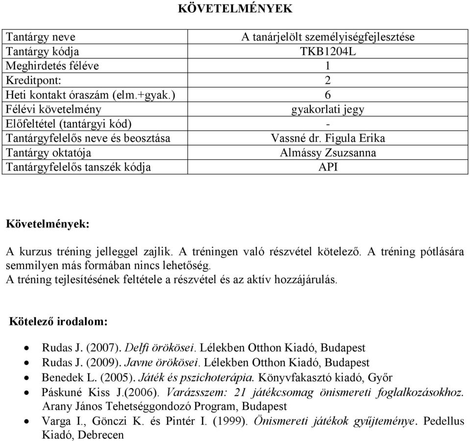 A tréning tejlesítésének feltétele a részvétel és az aktív hozzájárulás. Rudas J. (2007). Delfi örökösei. Lélekben Otthon Kiadó, Budapest Rudas J. (2009). Javne örökösei.