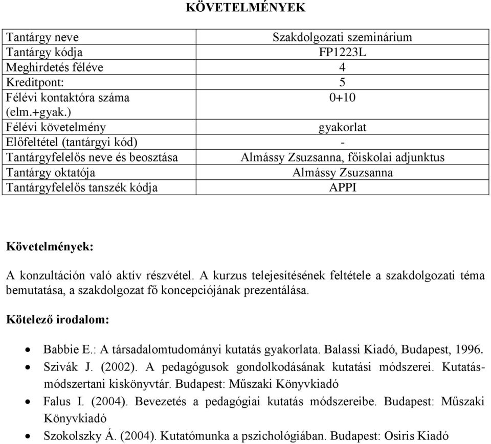 A kurzus telejesítésének feltétele a szakdolgozati téma bemutatása, a szakdolgozat fő koncepciójának prezentálása. Babbie E.: A társadalomtudományi kutatás gyakorlata.