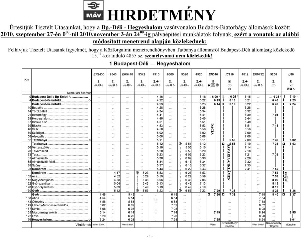 menetrendkönyvben Tatbánya állomásról Budapest-Déli állomásig közlekedő 15. 11 -kor induló 4855 sz. személyvonat nem közlekedik!