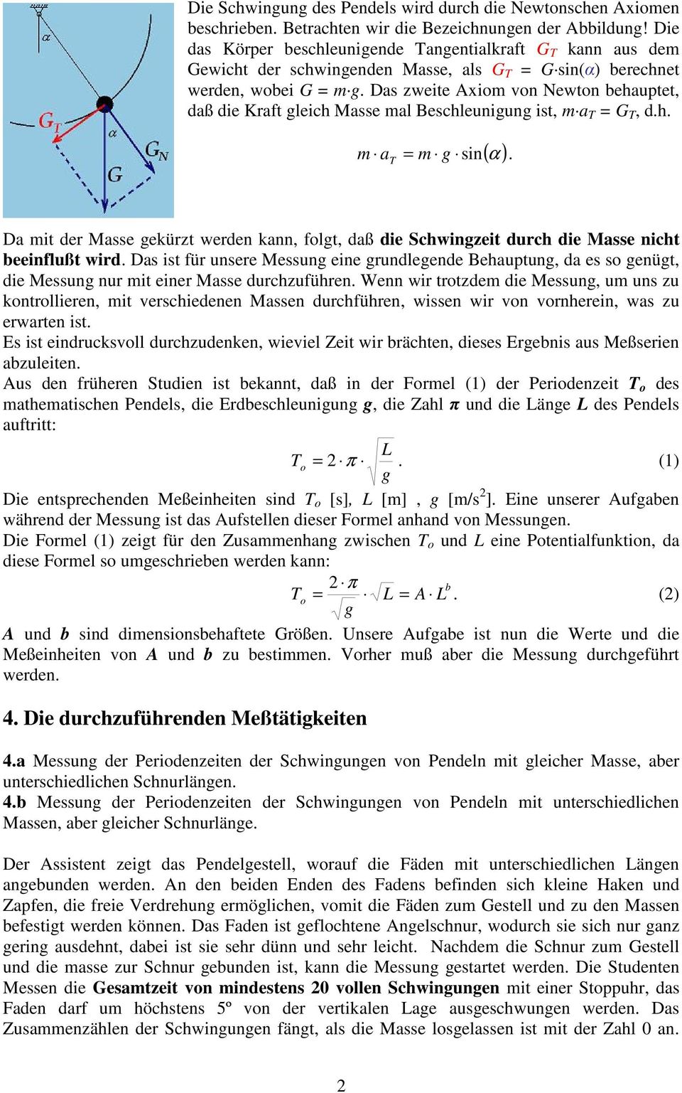 Das zweite Axiom von Newton behauptet, daß die Kraft leich Masse mal Beschleuniun ist, m a T = G T, d.h. ( α ) m a T = m sin.