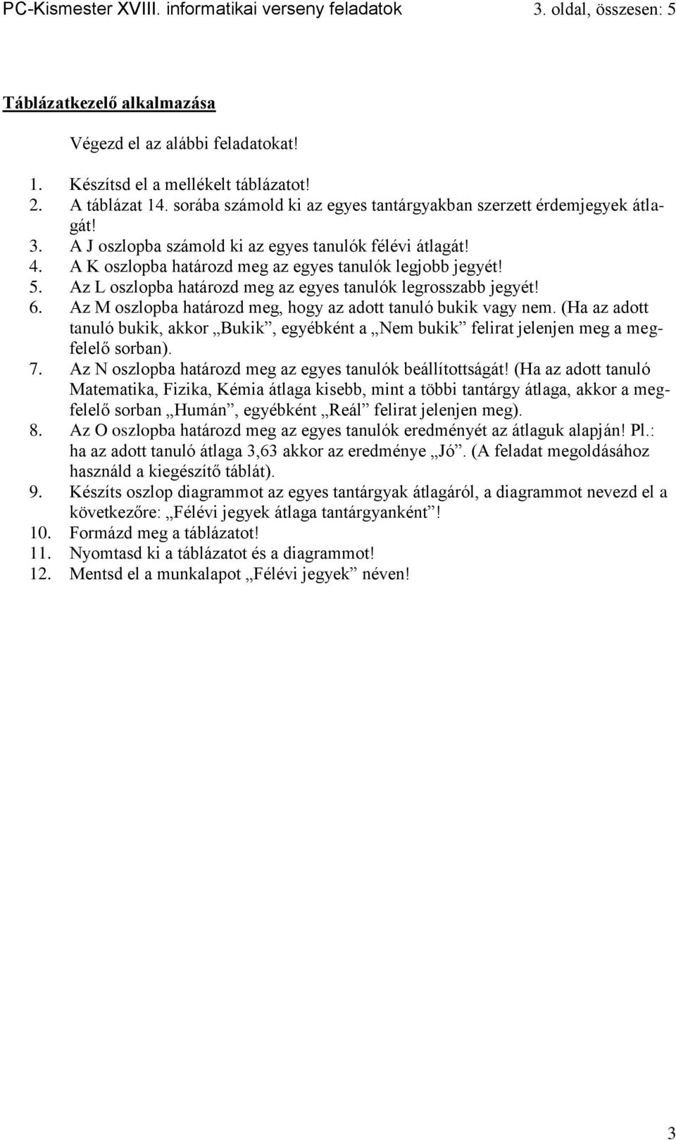 Az L oszlopba határozd meg az egyes tanulók legrosszabb jegyét! 6. Az M oszlopba határozd meg, hogy az adott tanuló bukik vagy nem.