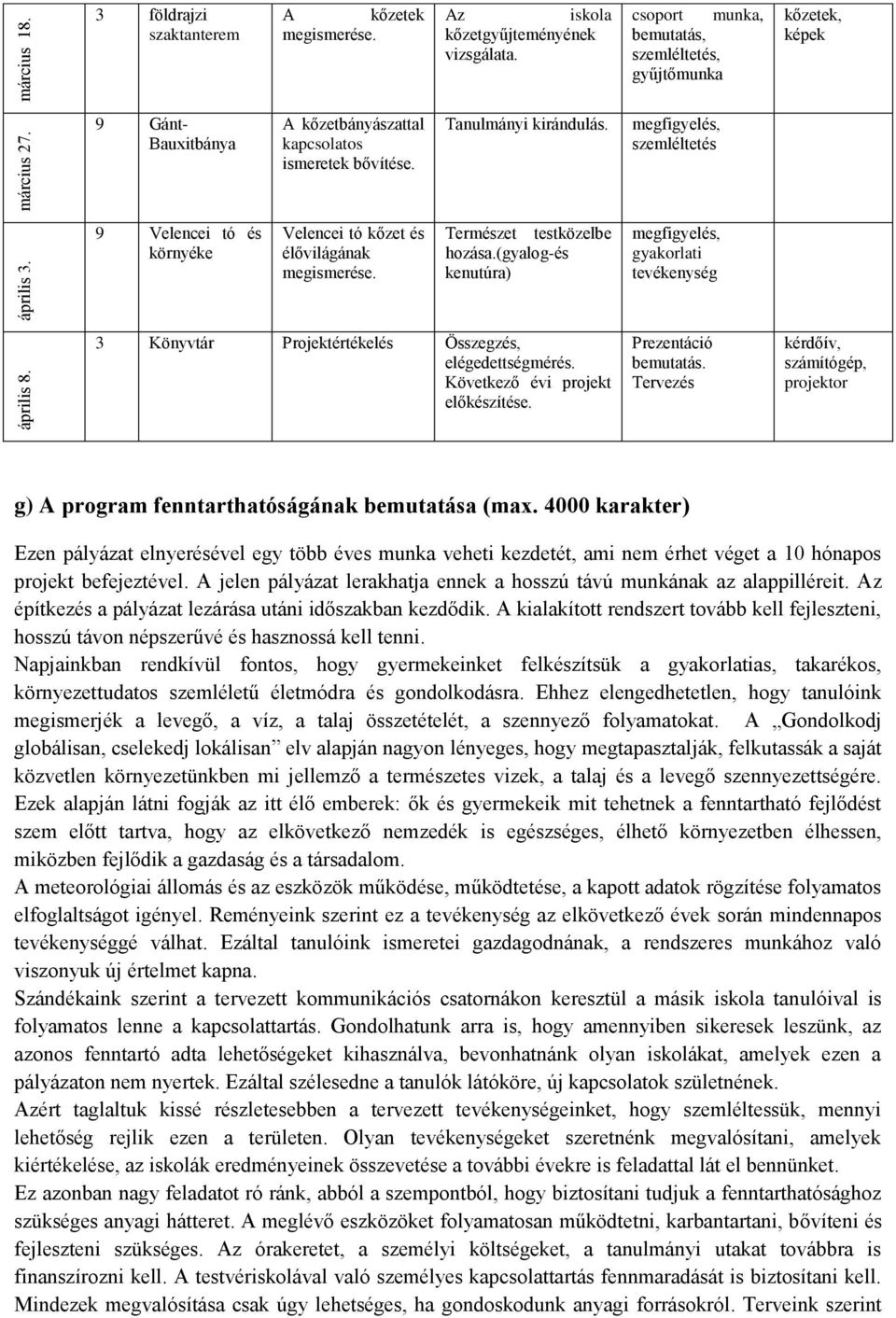 Természet testközelbe hozása.(gyalog-és kenutúra) gyakorlati tevékenység április 8. 3 Könyvtár Projektértékelés Összegzés, elégedettségmérés. Következő évi projekt előkészítése. Prezentáció bemutatás.