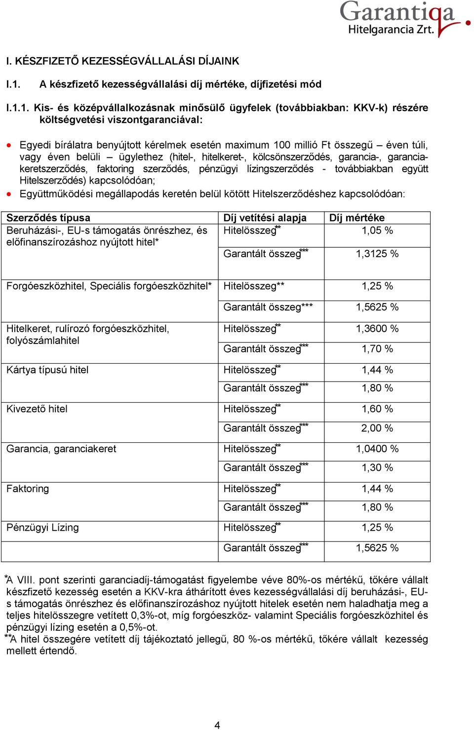 1. Kis- és középvállalkozásnak minősülő ügyfelek (továbbiakban: KKV-k) részére költségvetési viszontgaranciával: Egyedi bírálatra benyújtott kérelmek esetén maximum millió Ft összegű éven túli, vagy