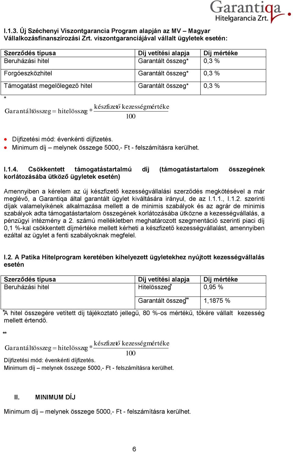 hitel Garantált összeg 0,3 % Garantáltösszeg hitelösszeg készfizető kezességmértéke Díjfizetési mód: évenkénti díjfizetés. Minimum díj melynek összege 5000,- Ft - felszámításra kerülhet. I.1.4.