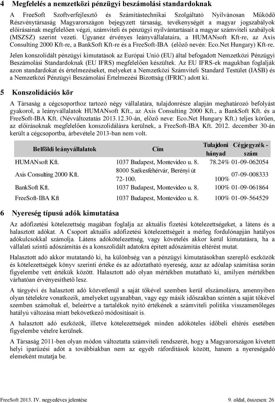 Ugyanez érvényes leányvállalataira, a HUMANsoft Kft-re, az Axis Consulting 2000 Kft-re, a BankSoft Kft-re és a FreeSoft-IBA (előző nevén: Eco.Net Hungary) Kft-re.