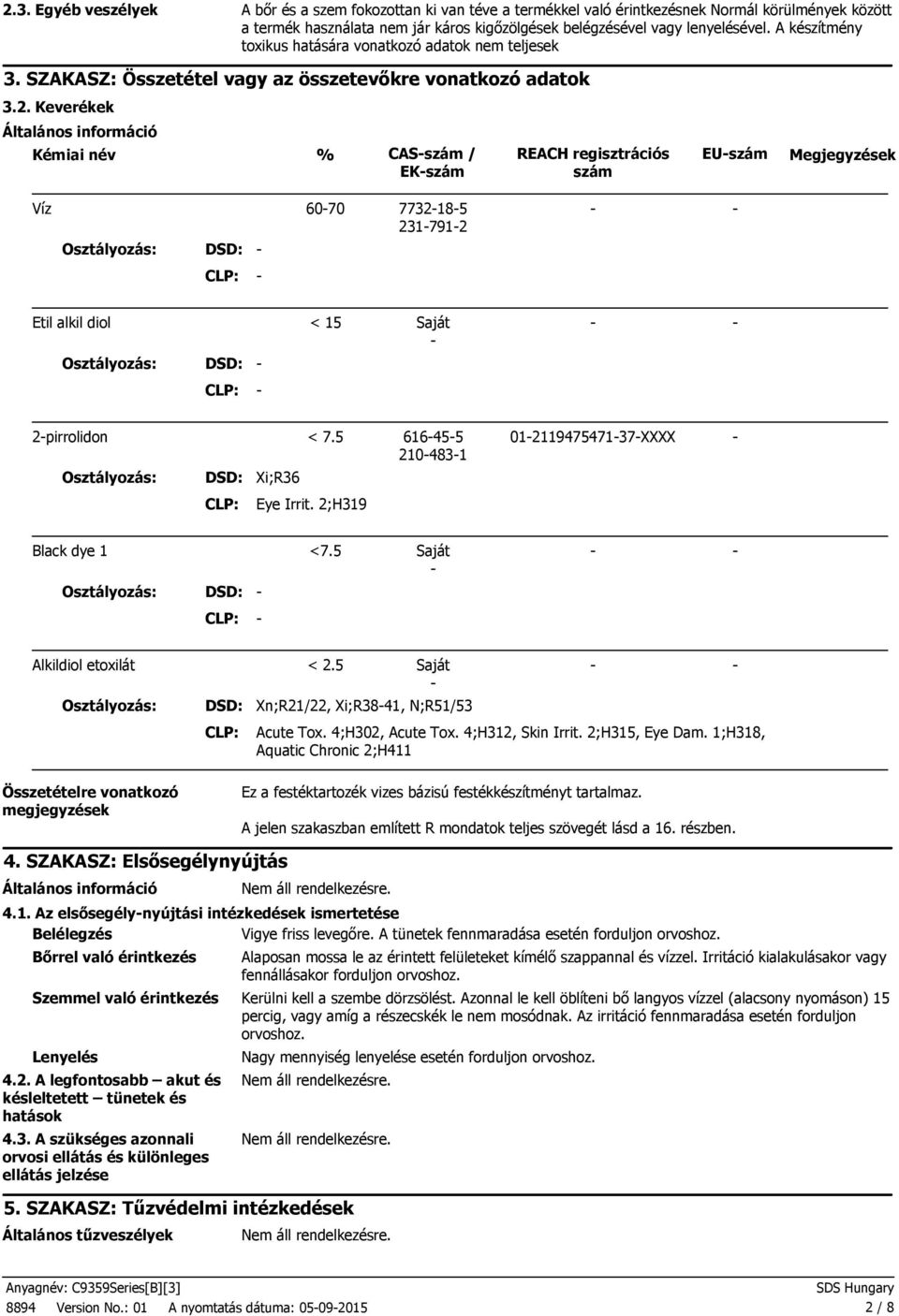 Keverékek Általános információ Kémiai név % CASszám / EKszám REACH regisztrációs szám EUszám Megjegyzések Víz 6070 7732185 2317912 Etil alkil diol < 15 Saját 2pirrolidon < 7.