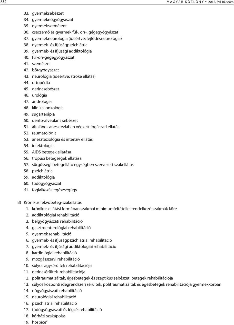 neurológia (ideértve: stroke ellátás) 44. ortopédia 45. gerincsebészet 46. urológia 47. andrológia 48. klinikai onkológia 49. sugárterápia 50. dento-alveoláris sebészet 51.
