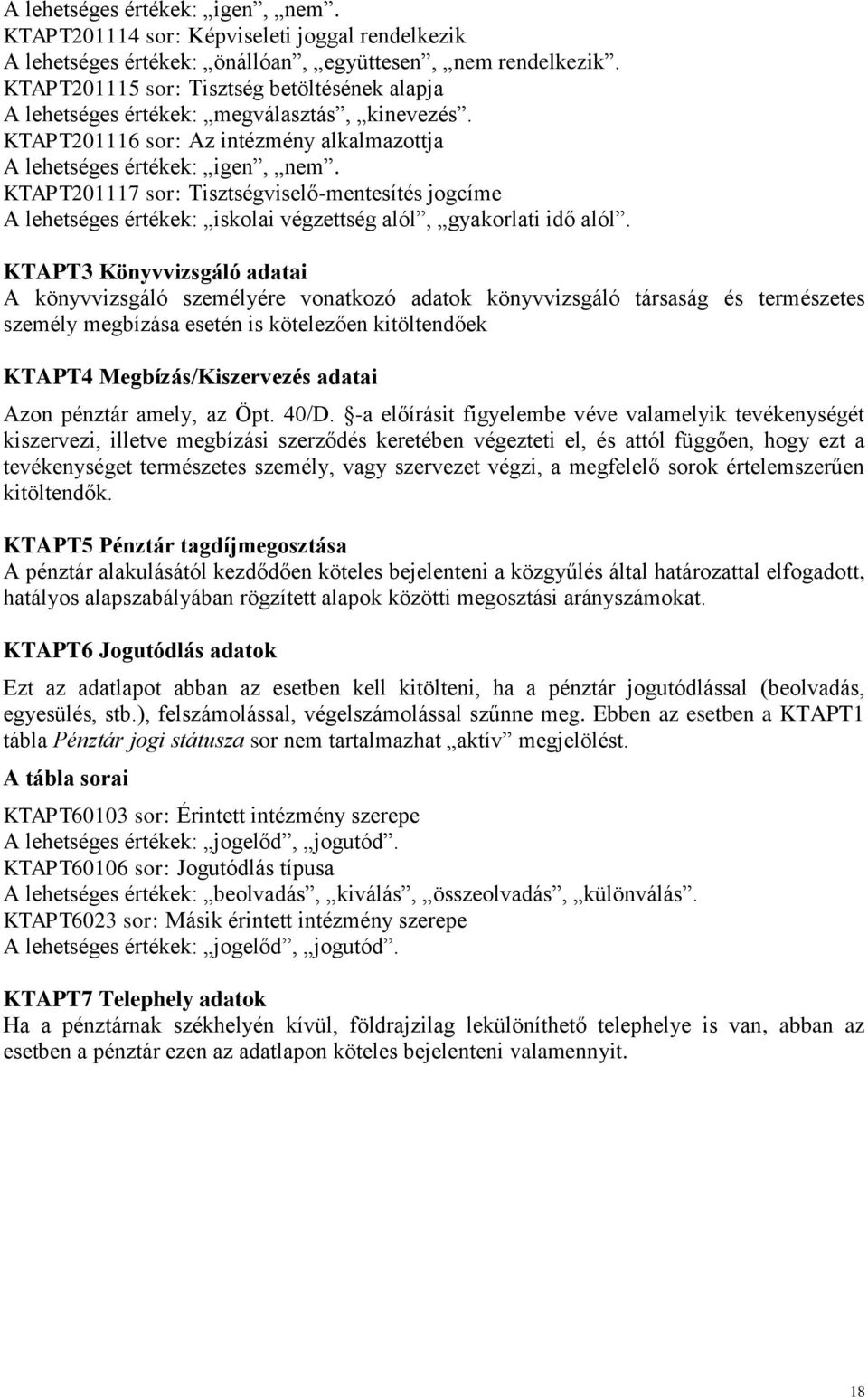 KTAPT201117 sor: Tisztségviselő-mentesítés jogcíme A lehetséges értékek: iskolai végzettség alól, gyakorlati idő alól.