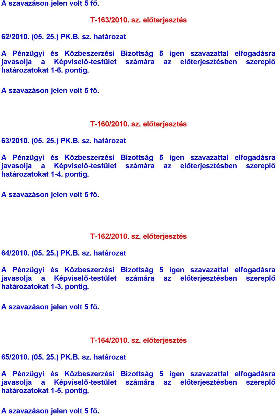 pontig. 64/2010. (05. 25.) PK.B. sz. határozat T-162/2010. sz. előterjesztés határozatokat 1-3.