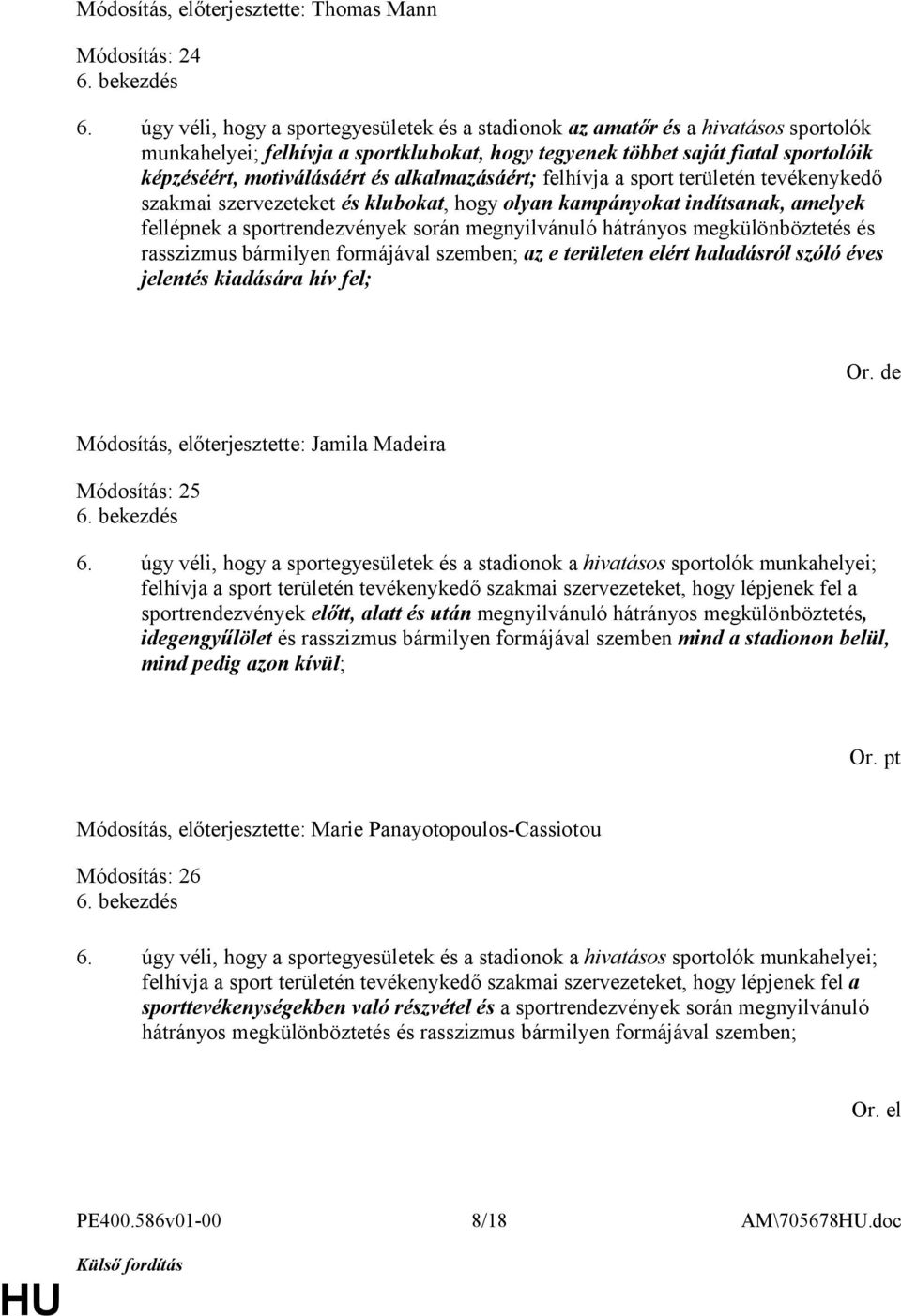alkalmazásáért; felhívja a sport területén tevékenykedő szakmai szervezeteket és klubokat, hogy olyan kampányokat indítsanak, amelyek fellépnek a sportrendezvények során megnyilvánuló hátrányos