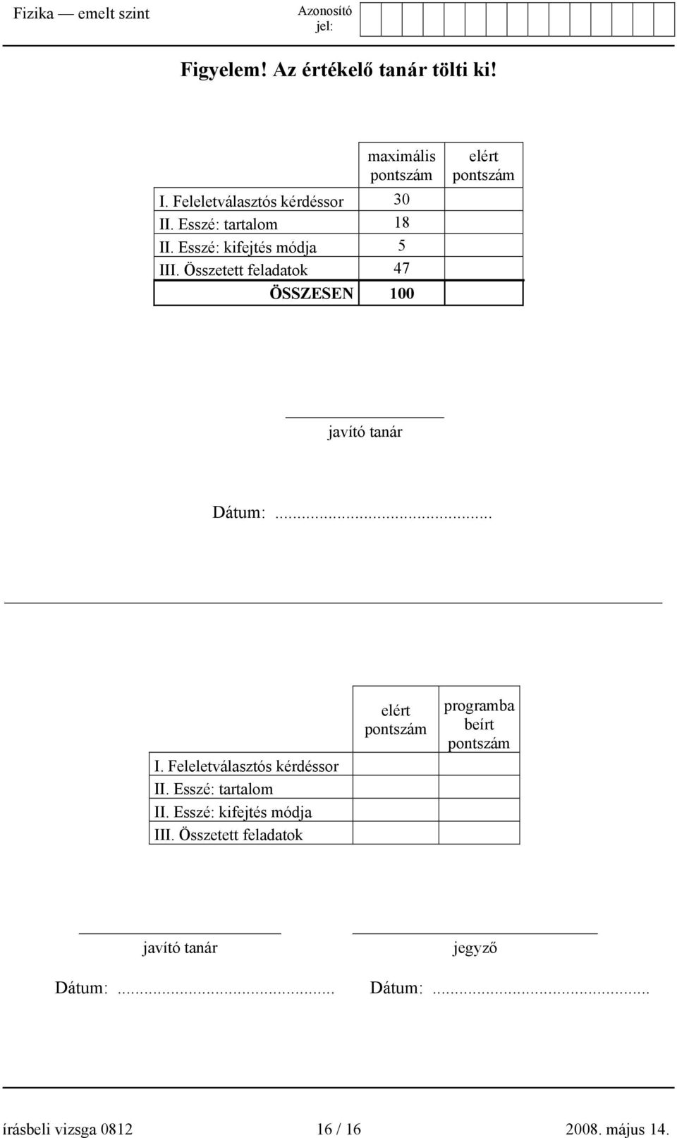 Összetett feladatok 47 ÖSSZESEN 100 elért pontszám javító tanár Dátum:... I. Feleletválasztós kérdéssor II.