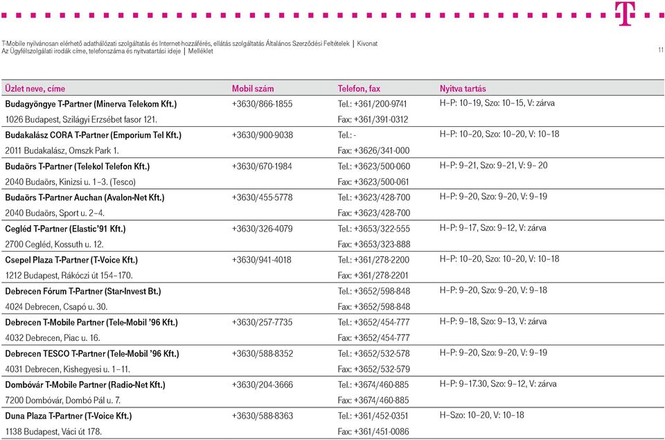 Fax: +3626/341-000 Budaörs T-Partner (Telekol Telefon Kft.) +3630/670-1984 Tel.: +3623/500-060 H P: 9 21, Szo: 9 21, V: 9 20 2040 Budaörs, Kinizsi u. 1 3.