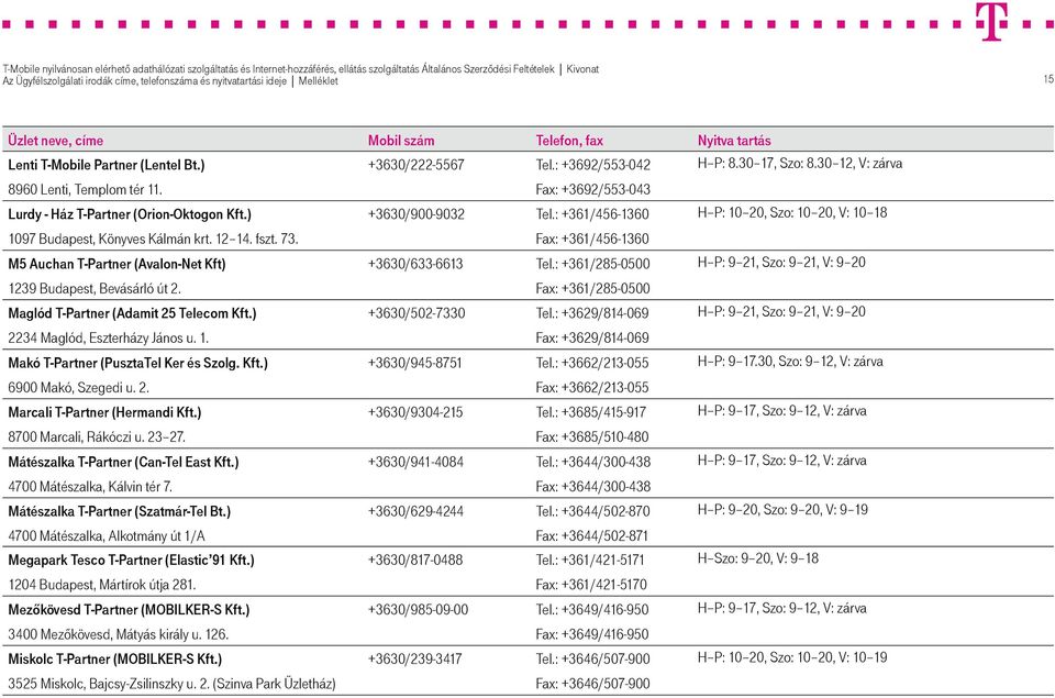 : +361/285-0500 H P: 9 21, Szo: 9 21, V: 9 20 1239 Budapest, Bevásárló út 2. Fax: +361/285-0500 Maglód T-Partner (Adamit 25 Telecom Kft.) +3630/502-7330 Tel.