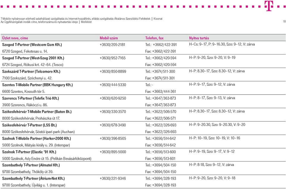 (Tesco) Fax: +3662/420-594 Szekszárd T-Partner (Telcomore Kft.) +3630/850-8899 Tel.: +3674/511-300 H P: 8.30 17, Szo: 8.30 12, V: zárva 7100 Szekszárd, Széchenyi u. 42.