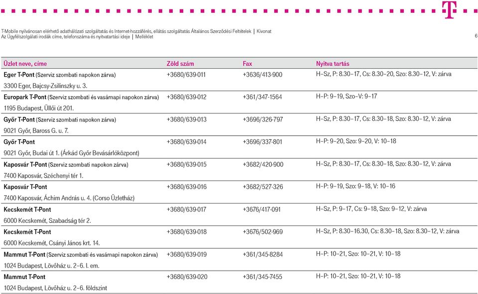 Győr T-Pont (Szerviz szombati napokon zárva) +3680/639-013 +3696/326-797 H Sz, P: 8.30 17, Cs: 8.30 18, Szo: 8.30 12, V: zárva 9021 Győr, Baross G. u. 7.