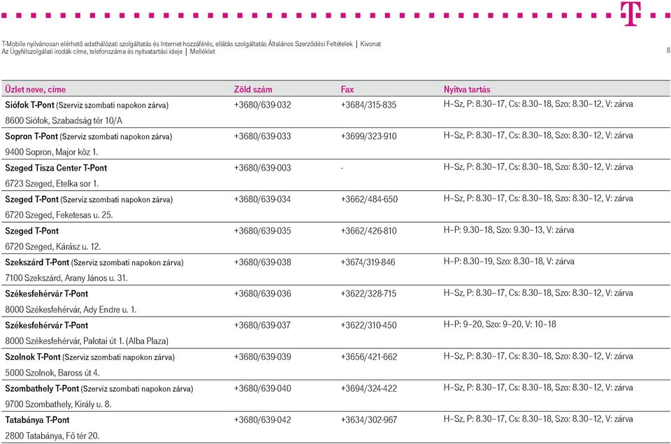 30 12, V: zárva 9400 Sopron, Major köz 1. Szeged Tisza Center T-Pont +3680/639-003 - H Sz, P: 8.30 17, Cs: 8.30 18, Szo: 8.30 12, V: zárva 6723 Szeged, Etelka sor 1.