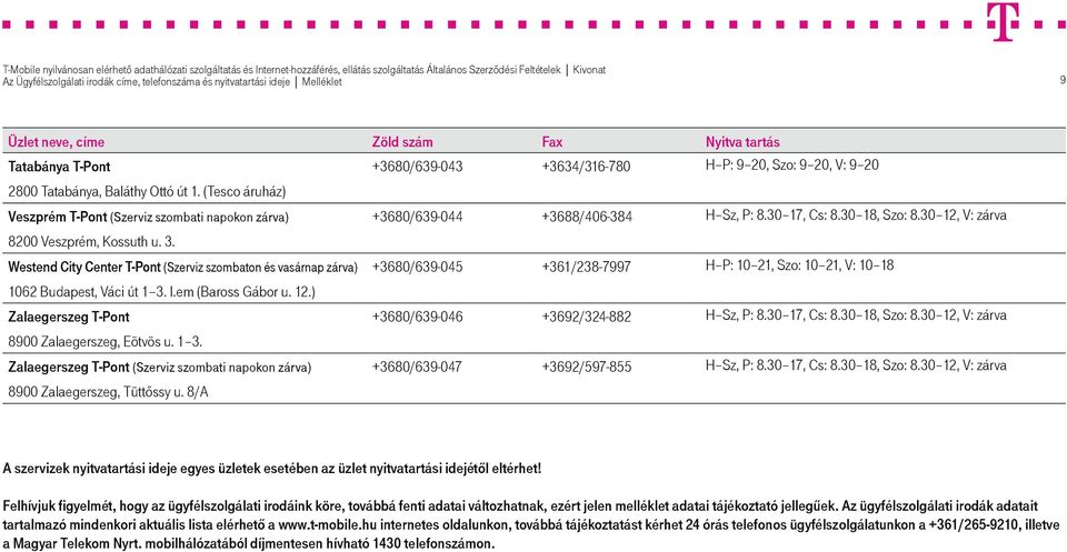 Westend City Center T-Pont (Szerviz szombaton és vasárnap zárva) +3680/639-045 +361/238-7997 H P: 10 21, Szo: 10 21, V: 10 18 1062 Budapest, Váci út 1 3. I.em (Baross Gábor u. 12.