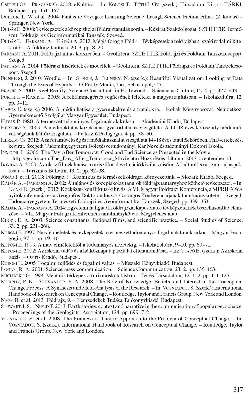 SZTE TTIK Természeti Földrajzi és Geoinformatikai Tanszék, Szeged. Dudás E. Farsang A. Kádár A. 2012: Mégis forog a Föld? Tévképzetek a földrajzban: szakirodalmi kitekintő. A földrajz tanítása, 20. 3.