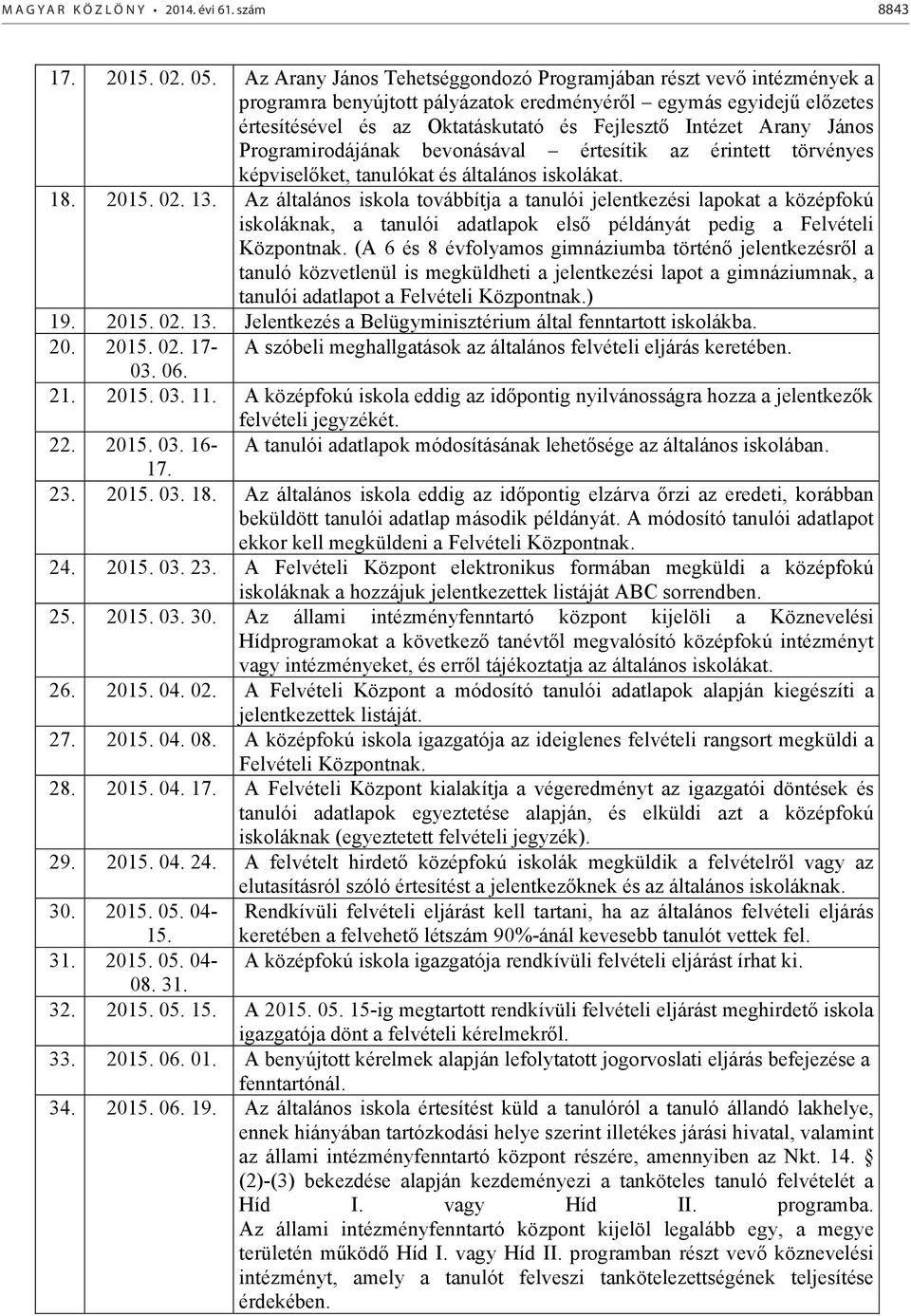 János Programirodájának bevonásával értesítik az érintett törvényes képviselőket, tanulókat és általános iskolákat. 18. 2015. 02. 13.