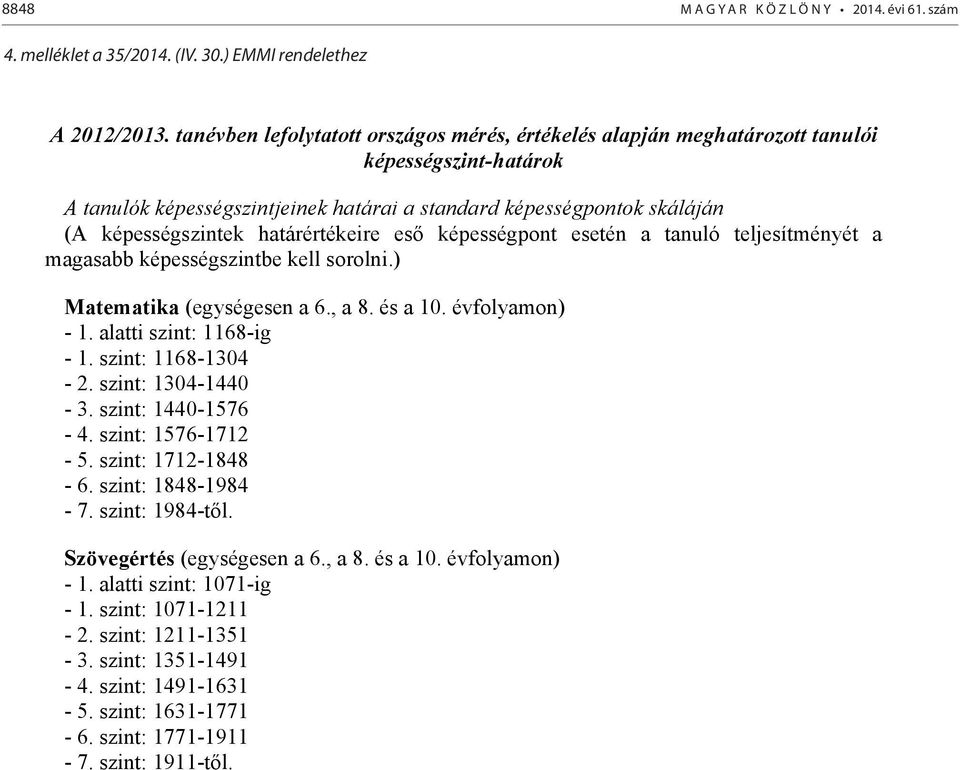 határértékeire eső képességpont esetén a tanuló teljesítményét a magasabb képességszintbe kell sorolni.) Matematika (egységesen a 6., a 8. és a 10. évfolyamon) - 1. alatti szint: 1168-ig - 1.