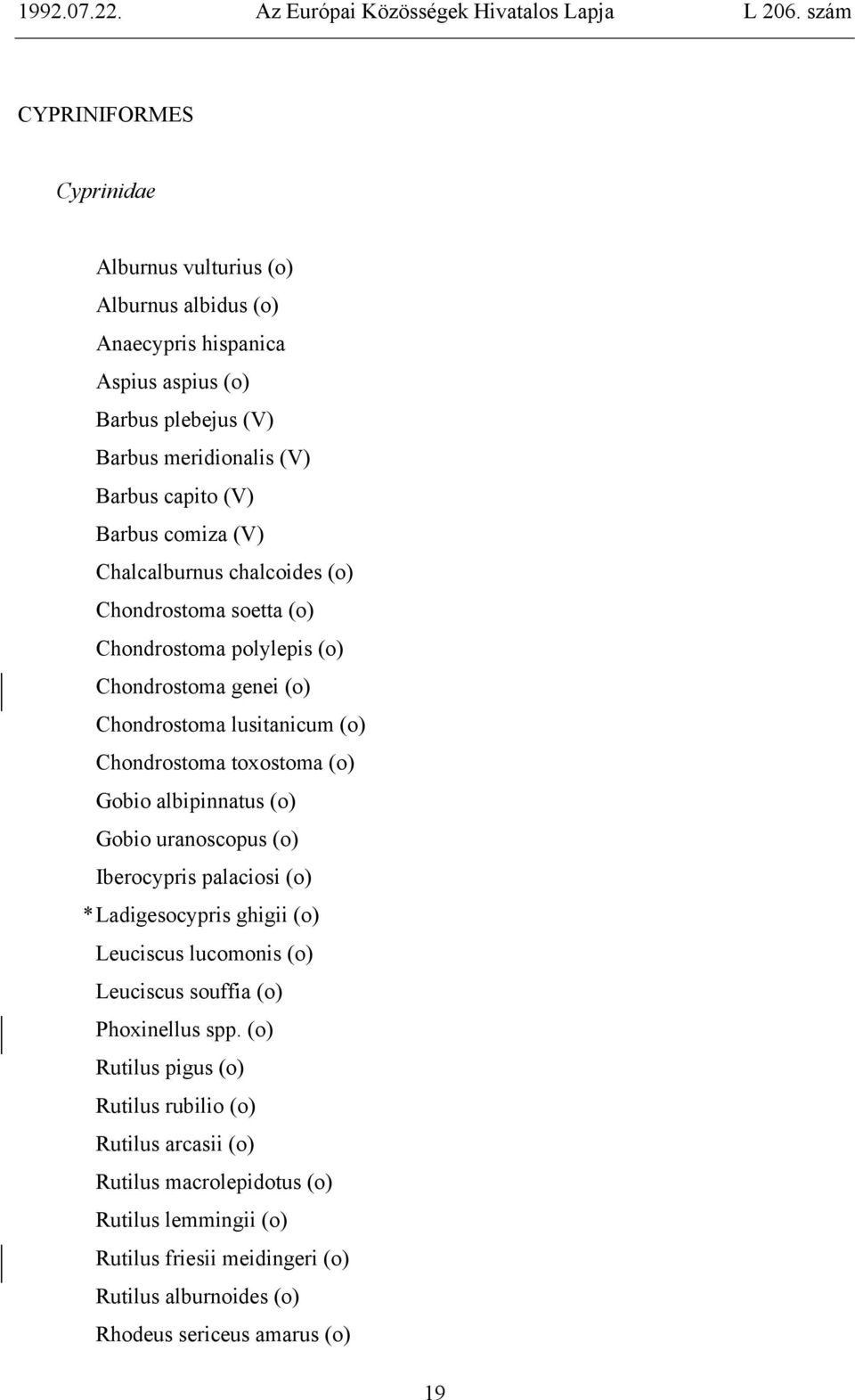 albipinnatus (o) Gobio uranoscopus (o) Iberocypris palaciosi (o) * Ladigesocypris ghigii (o) Leuciscus lucomonis (o) Leuciscus souffia (o) Phoxinellus spp.