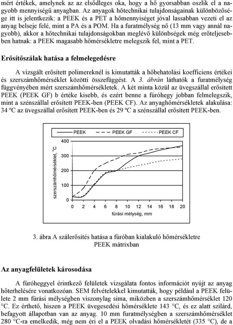 Ha a furatmélység nő (13 mm vagy annál nagyobb), akkor a hőtechnikai tulajdonságokban meglévő különbségek még erőteljesebben hatnak: a PEEK magasabb hőmérsékletre melegszik fel, mint a PET.