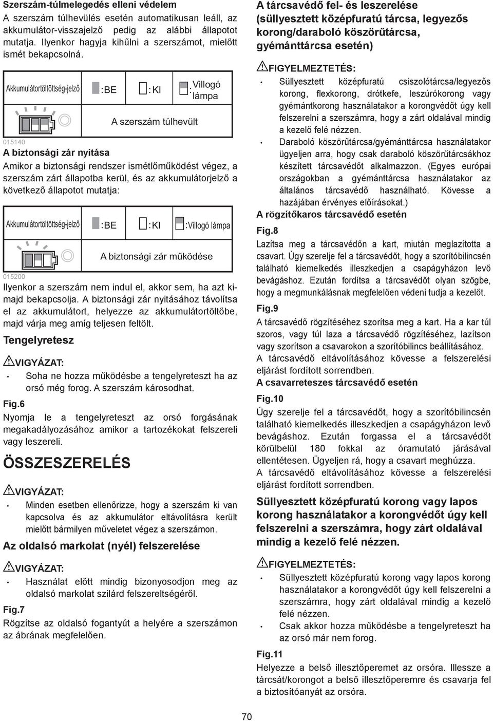 Akkumulátortöltöttség-jelző BE KI A szerszám túlhevült Villogó lámpa 0540 A biztonsági zár nyitása Amikor a biztonsági rendszer ismétl m ködést végez, a szerszám zárt állapotba kerül, és az