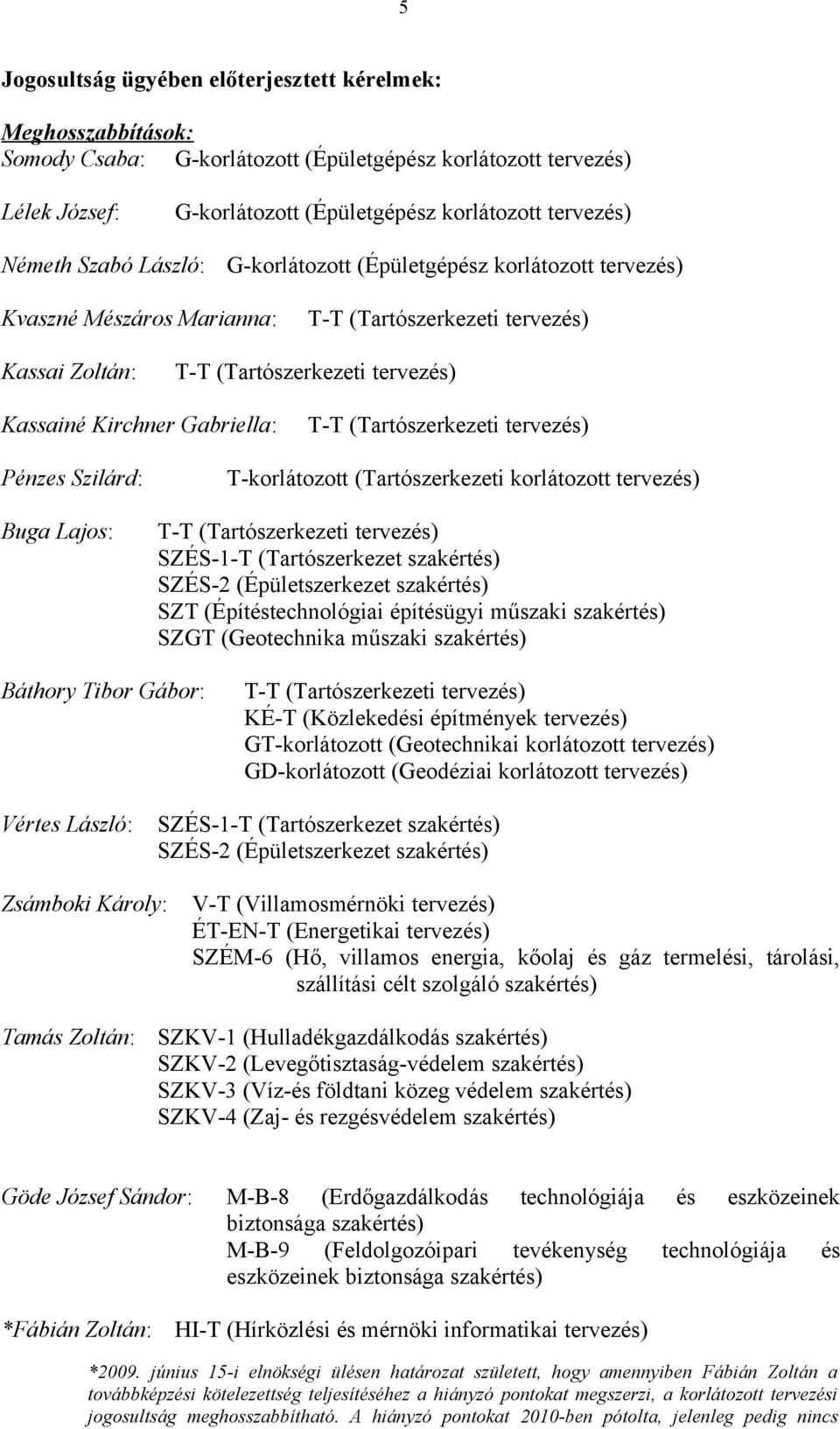 (Tartószerkezeti korlátozott tervezés) SZÉS-1-T (Tartószerkezet szakértés) SZÉS-2 (Épületszerkezet szakértés) SZT (Építéstechnológiai építésügyi műszaki szakértés) SZGT (Geotechnika műszaki