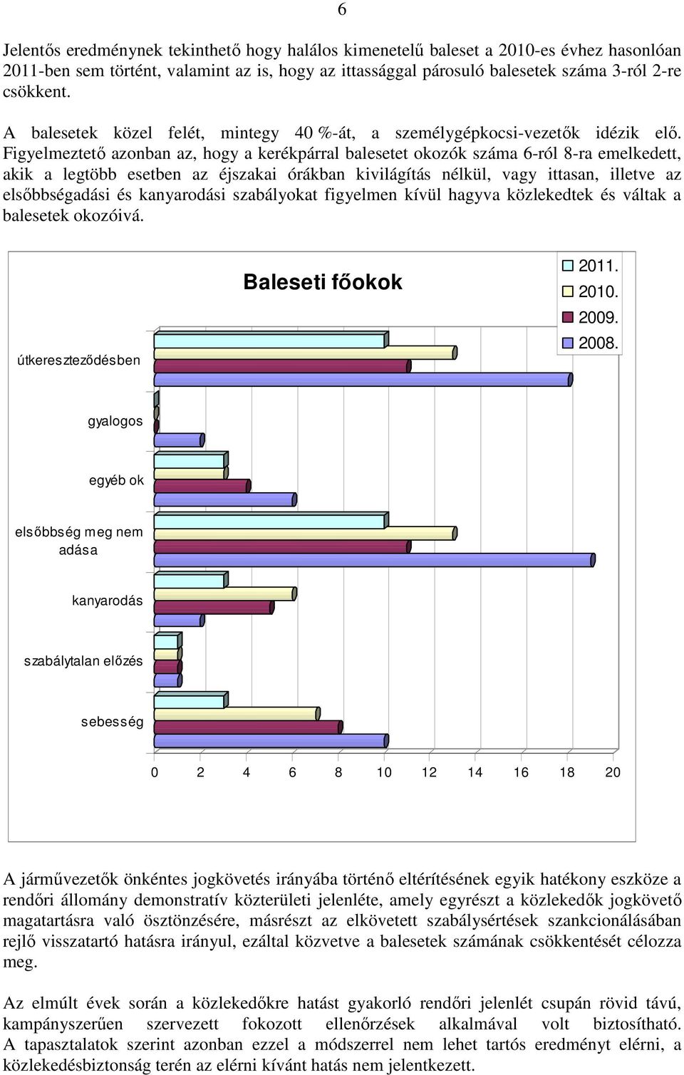 Figyelmeztetı azonban az, hogy a kerékpárral balesetet okozók száma 6-ról 8-ra emelkedett, akik a legtöbb esetben az éjszakai órákban kivilágítás nélkül, vagy ittasan, illetve az elsıbbségadási és