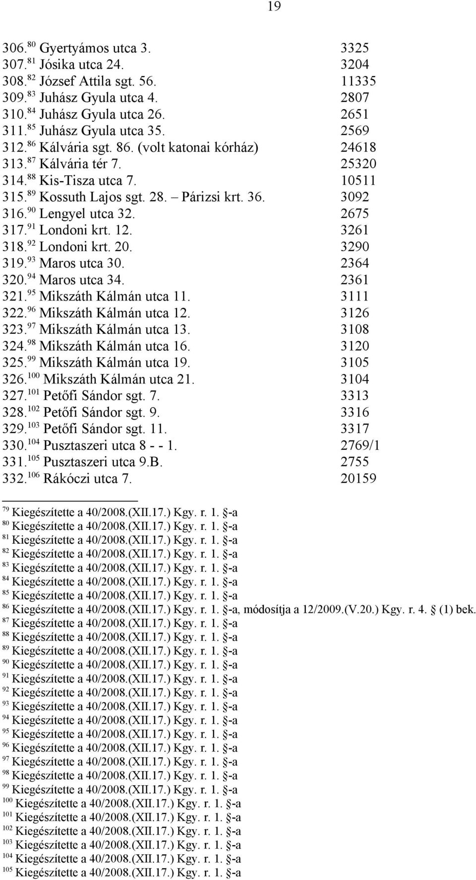 2675 317. 91 Londoni krt. 12. 3261 318. 92 Londoni krt. 20. 3290 319. 93 Maros utca 30. 2364 320. 94 Maros utca 34. 2361 321. 95 Mikszáth Kálmán utca 11. 3111 322. 96 Mikszáth Kálmán utca 12.