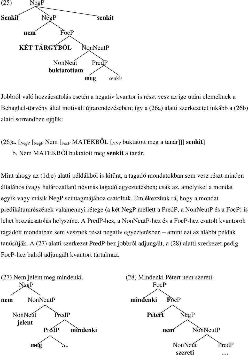 [ NegP [ NegP Nem [ FocP MATEKBŐL [ NNP buktatott meg a tanár]]] senkit] b. Nem MATEKBŐl buktatott meg senkit a tanár.