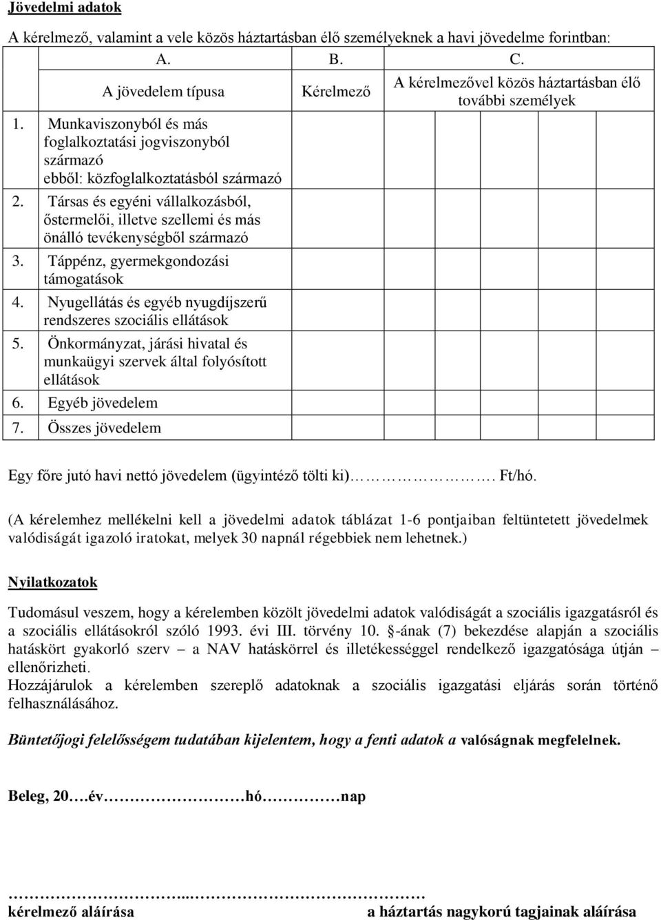 Társas és egyéni vállalkozásból, őstermelői, illetve szellemi és más önálló tevékenységből származó 3. Táppénz, gyermekgondozási támogatások 4.