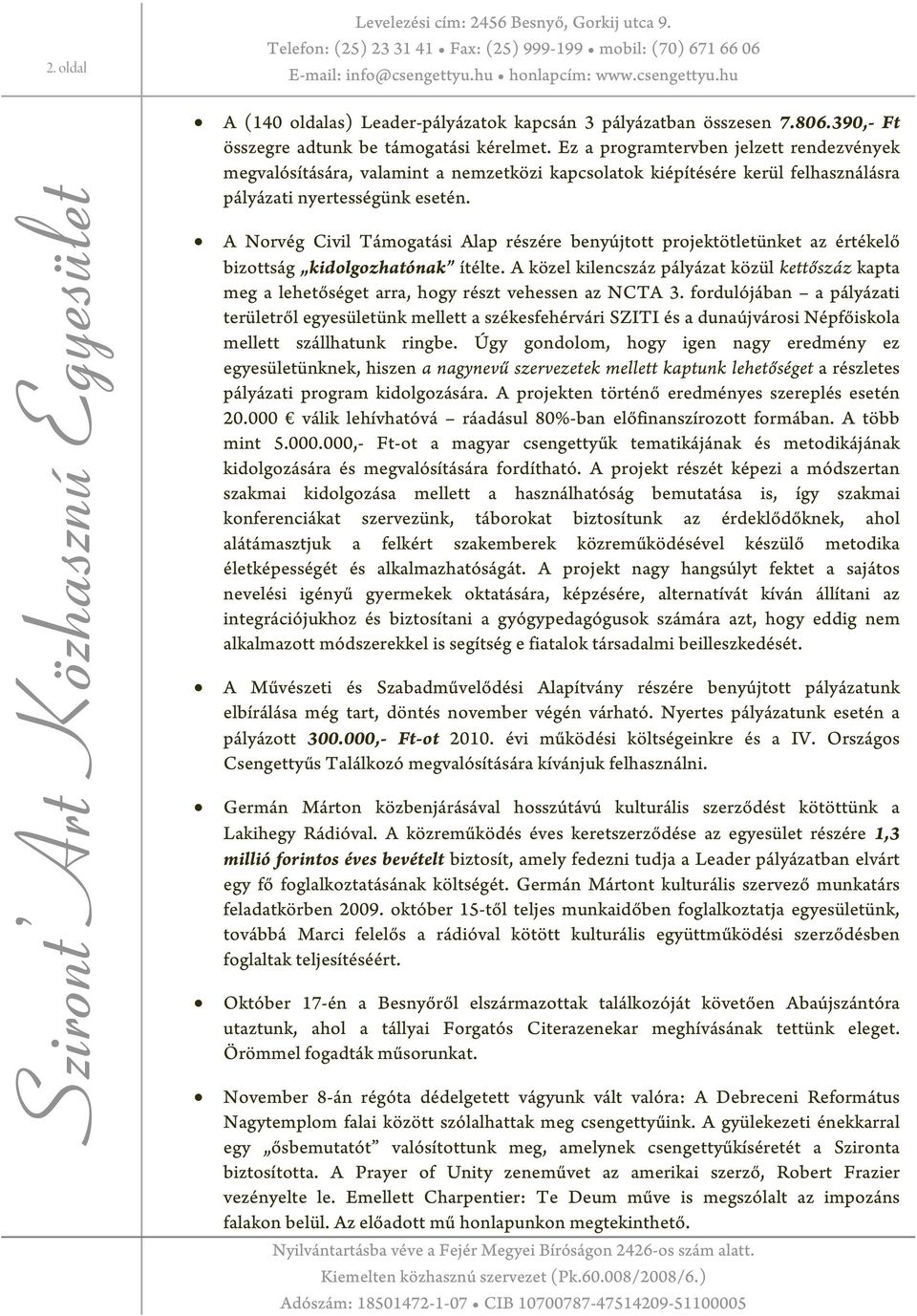 Ez a programtervben jelzett rendezvények megvalósítására, valamint a nemzetközi kapcsolatok kiépítésére kerül felhasználásra pályázati nyertességünk esetén.