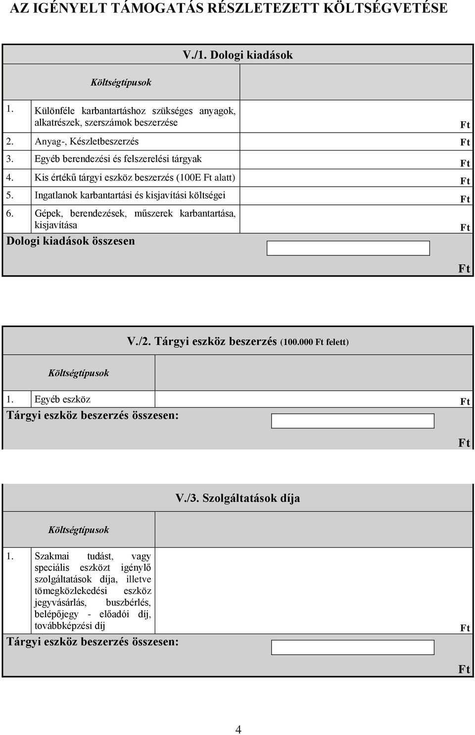 Gépek, berendezések, műszerek karbantartása, kisjavítása Dologi kiadások összesen V./2. Tárgyi eszköz beszerzés (100.000 felett) Költségtípusok 1. Egyéb eszköz Tárgyi eszköz beszerzés összesen: V.