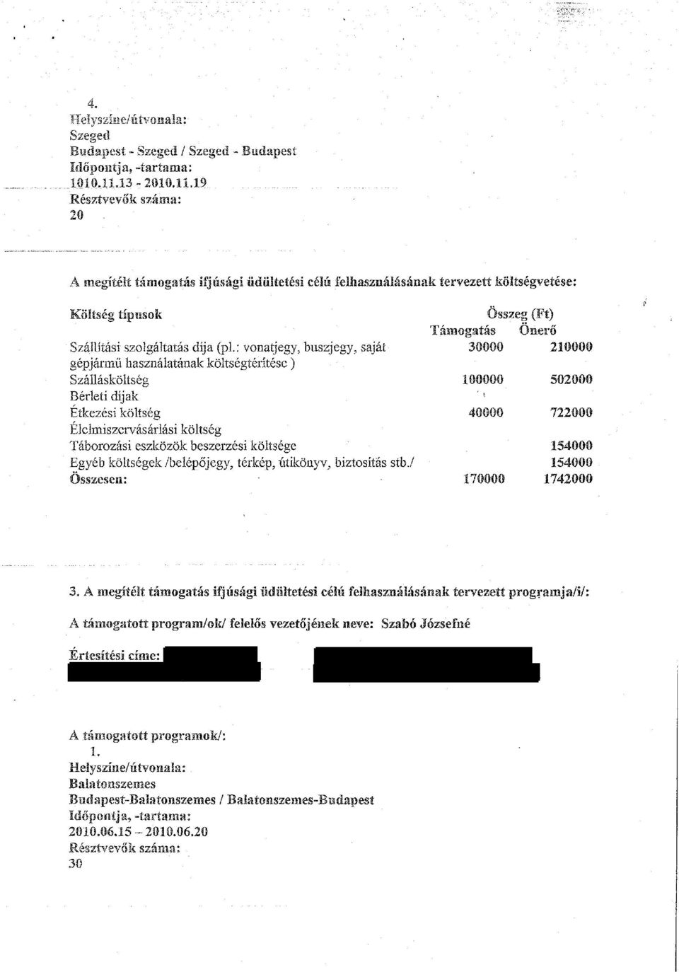 : vonatjegy, buszjegy, saját gépjármű használatának költségtérítése) Szállásköltség Bérleti díjak Étkezési költség Élelmiszervásárlási költség Táborozási eszközök beszerzési költsége Egyéb költségek