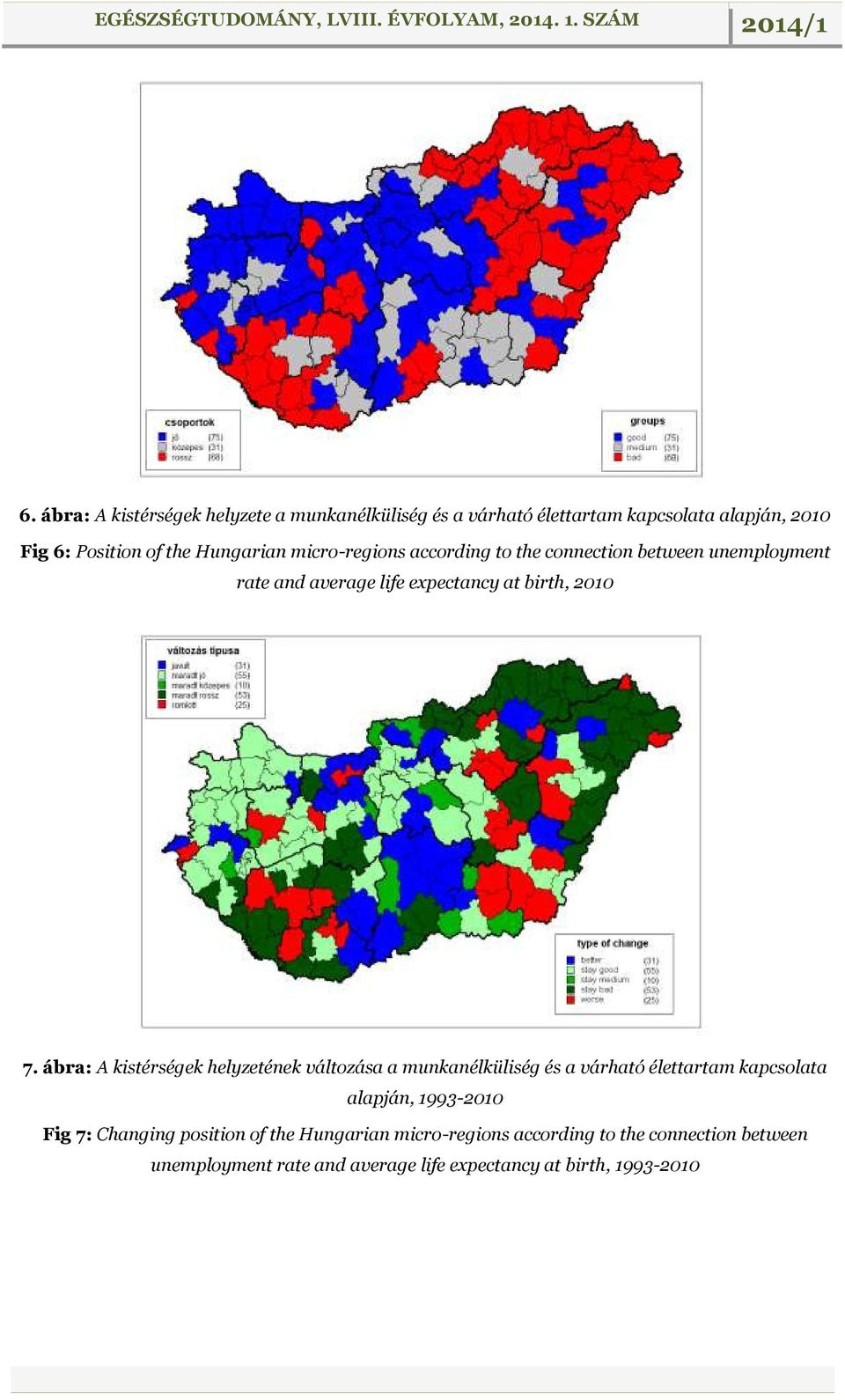 ábra: A kistérségek helyzetének változása a munkanélküliség és a várható élettartam kapcsolata alapján, 1993-2010 Fig 7: Changing