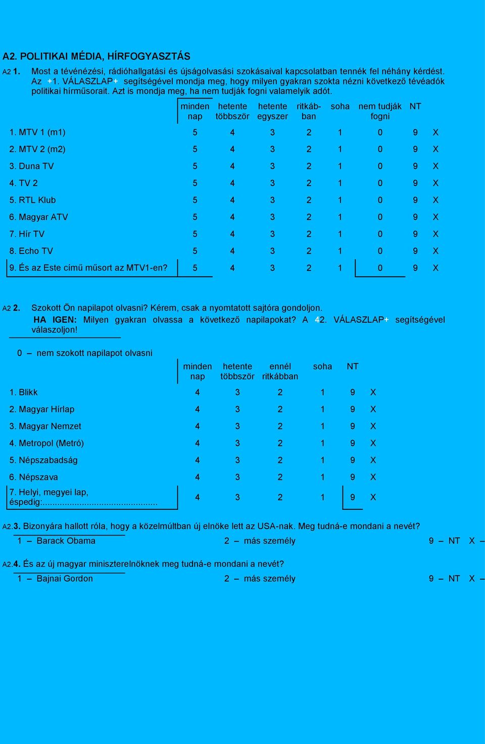minden nap hetente többször hetente egyszer ritkábban soha nem tudják fogni 1. MTV 1 (m1) 5 4 3 2 1 0 9 X 2. MTV 2 (m2) 5 4 3 2 1 0 9 X 3. Duna TV 5 4 3 2 1 0 9 X 4. TV 2 5 4 3 2 1 0 9 X 5.
