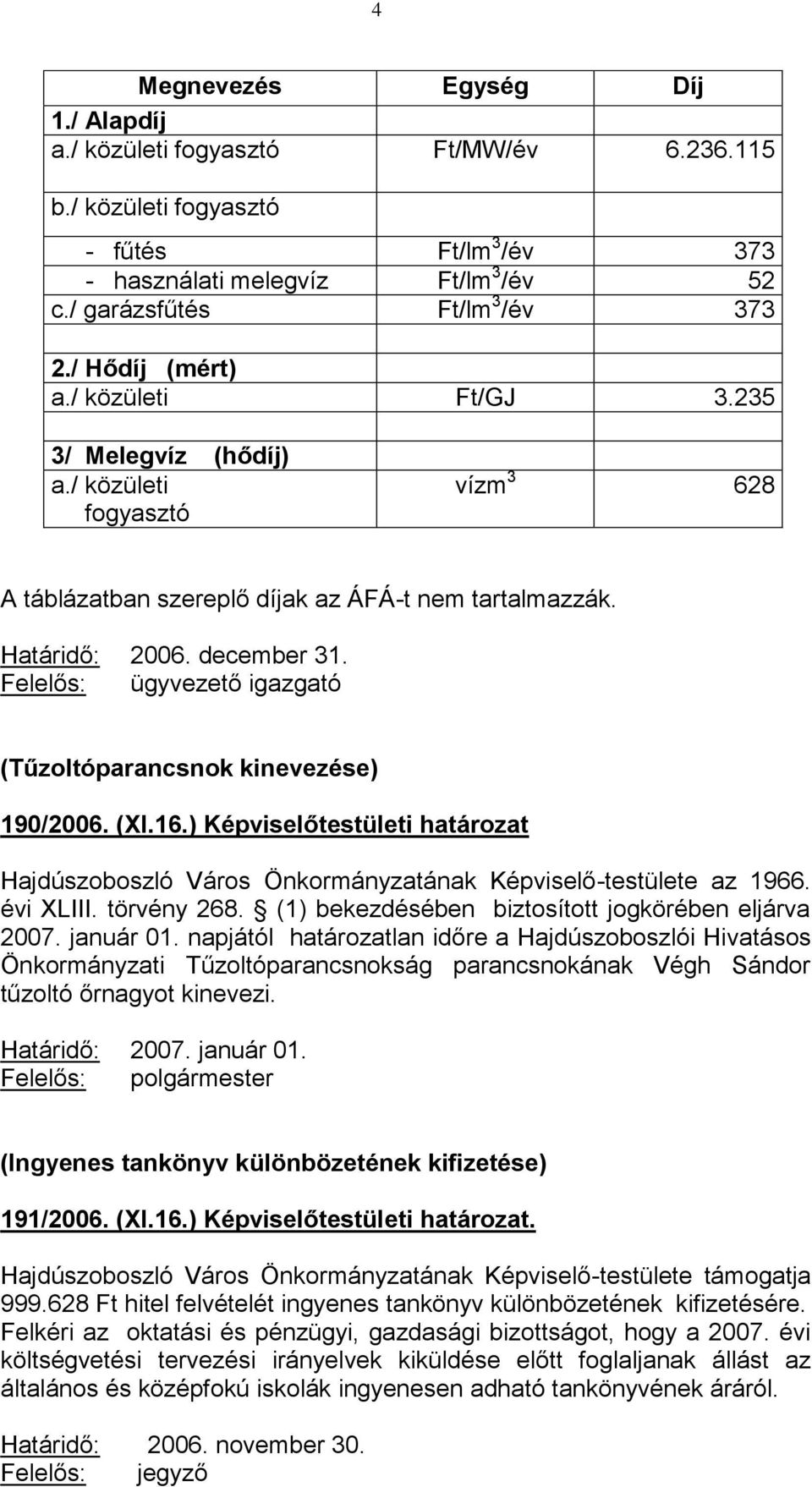 Felelős: ügyvezető igazgató (Tűzoltóparancsnok kinevezése) 190/2006. (XI.16.) Képviselőtestületi határozat Hajdúszoboszló Város Önkormányzatának Képviselő-testülete az 1966. évi XLIII. törvény 268.