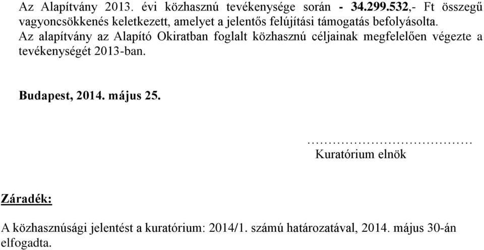 Az alapítvány az Alapító Okiratban foglalt közhasznú céljainak megfelelően végezte a tevékenységét