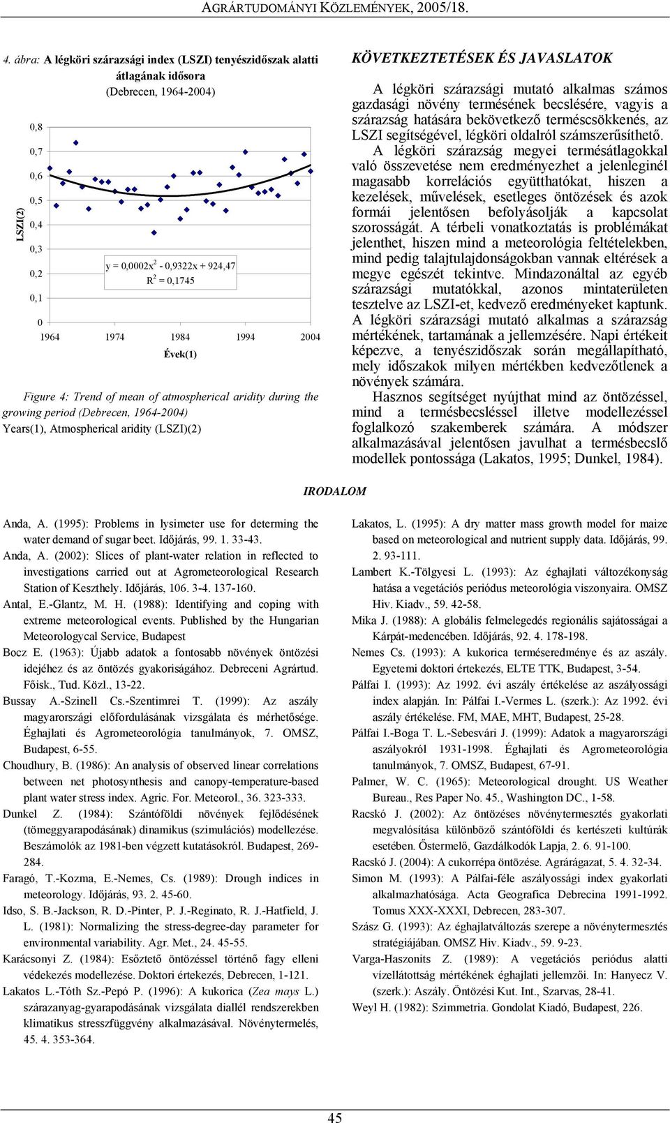 alkalmas számos gazdasági növény termésének becslésére, vagyis a szárazság hatására bekövetkező terméscsökkenés, az LSZI segítségével, légköri oldalról számszerűsíthető.