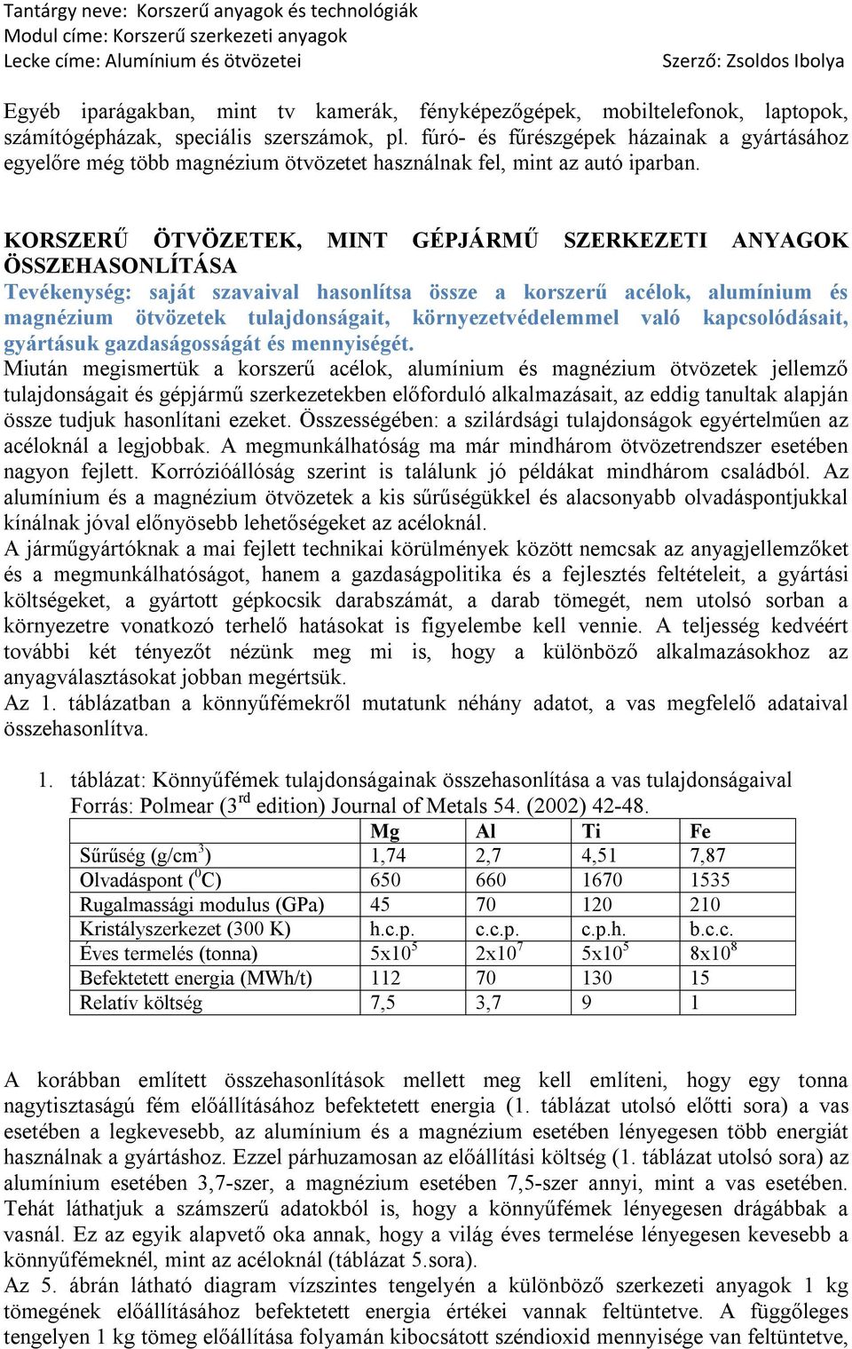 KORSZERŰ ÖTVÖZETEK, MINT GÉPJÁRMŰ SZERKEZETI ANYAGOK ÖSSZEHASONLÍTÁSA Tevékenység: saját szavaival hasonlítsa össze a korszerű acélok, alumínium és magnézium ötvözetek tulajdonságait,